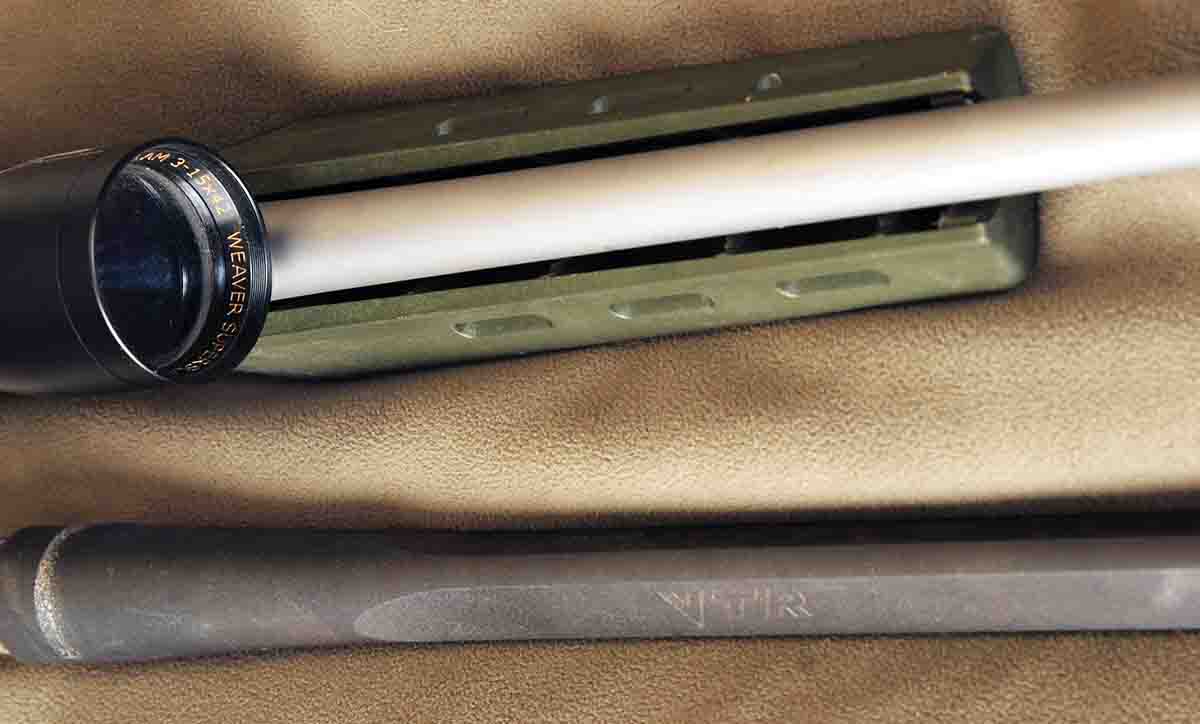 Neither the original triangular barrel on John’s Remington 700 VTR .204 Ruger (bottom) or its sporter-weight stainless replacement (also a Remington factory barrel) walk when hot.